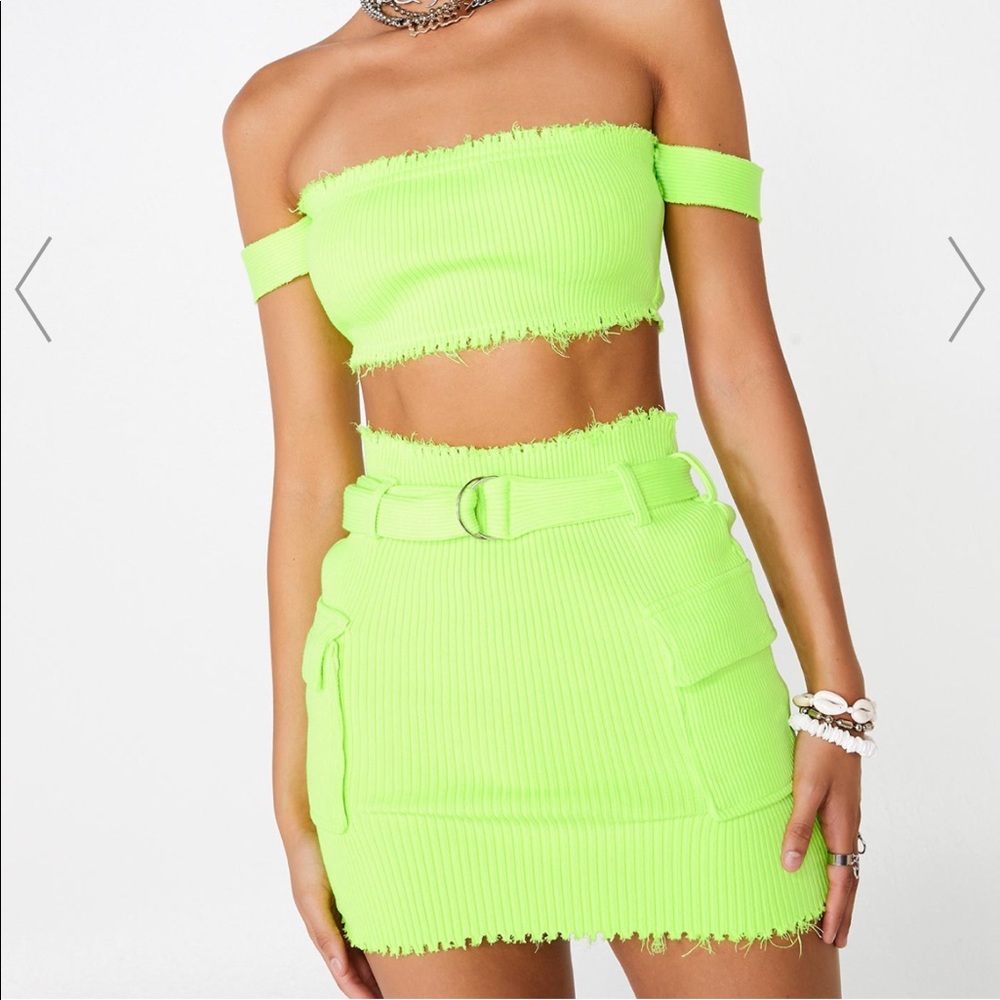 Neon green two piece bodycon skirt set
